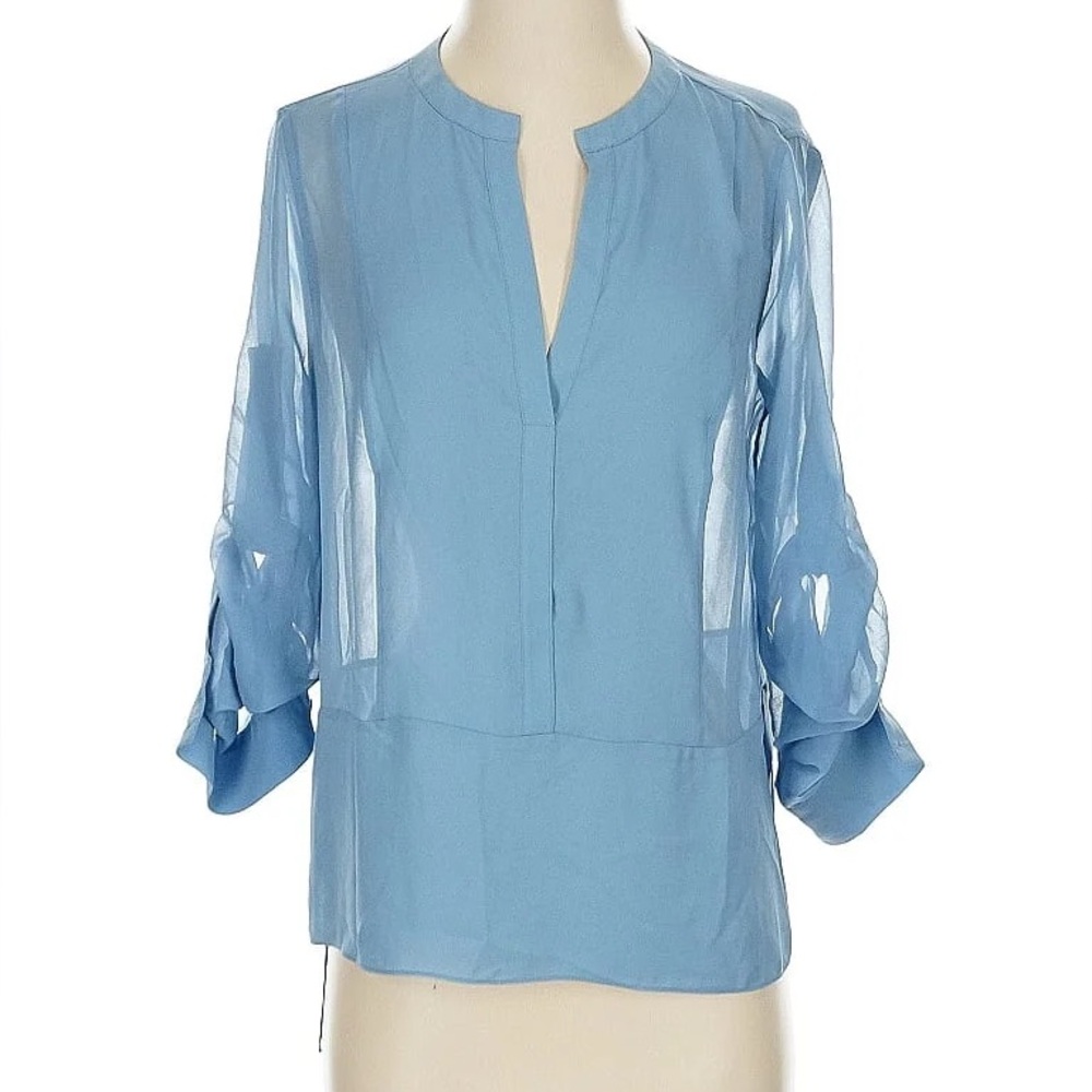 BCBGMaxAzria Sheer Sky Blue V-Neck Blouse | Elegant Flowy Top (M)